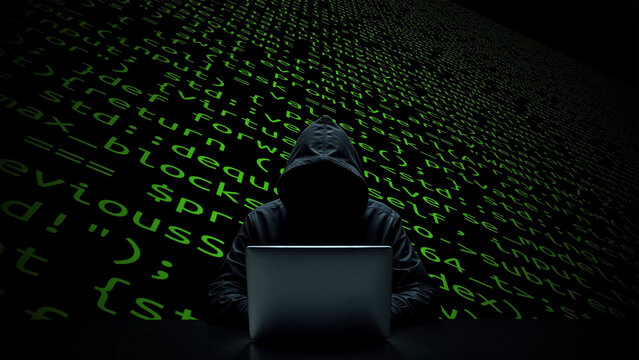Hacker working on laptop on abstract digital background