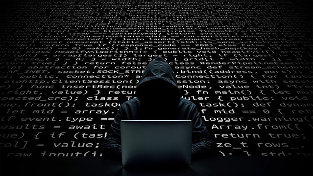 Hacker working on laptop on abstract digital background