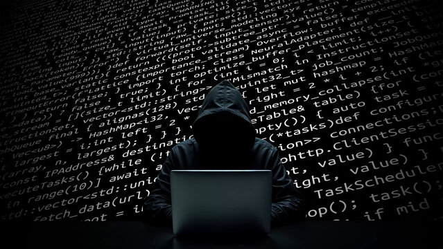 Hacker working on laptop on abstract digital background
