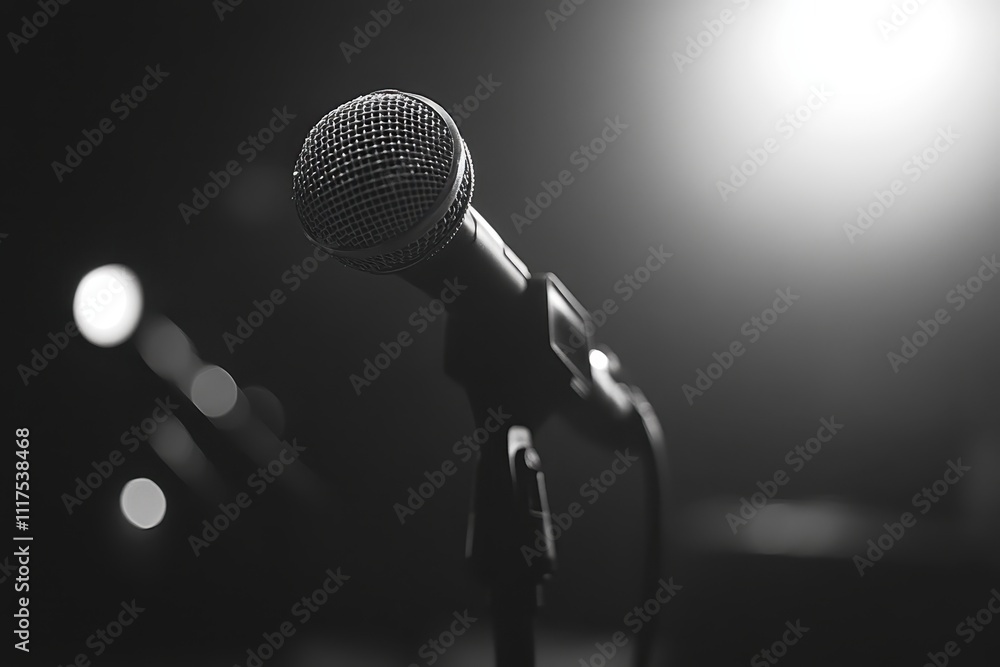 Poster a close-up of a microphone on stage, emphasizing performance and music.