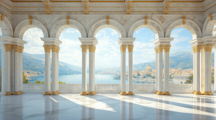 Fototapeta premium Beautiful white marble palace hall with golden columns and arched windows overlooking the city