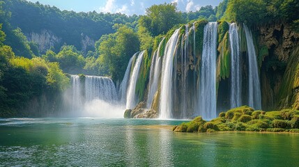Fototapeta premium Majestic Waterfall Cascading into Serene Green Pool