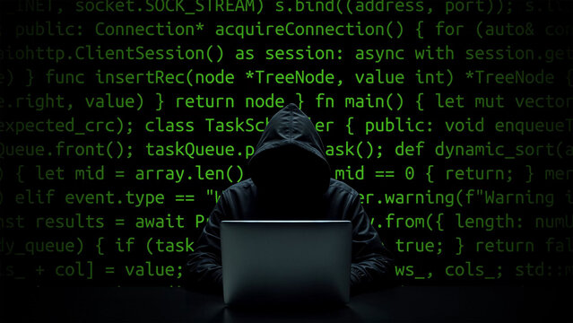 Hacker working on laptop on abstract digital background