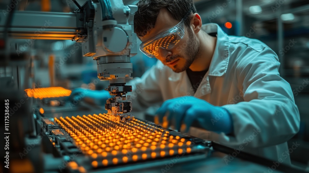 Poster technician using robotic arm for precision assembly of illuminated circuit board.