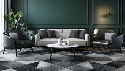 Modern monochrome living room design in black, white, and gray tones, showcasing stylish interior decor, comfort, and real estate lifestyle.