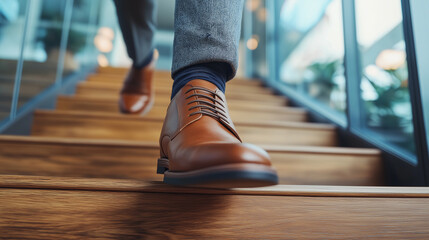 Fototapeta premium businessman walking up wooden stairs in office building on his way to work. The man is wearing a suit and leather shoes