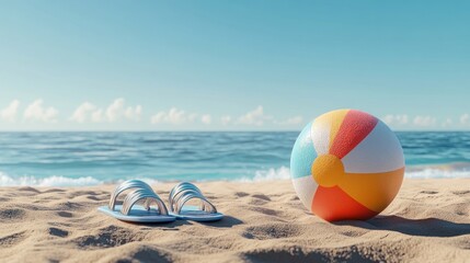 Obraz premium Beach Sandals and Beach Ball on Sandy Shore