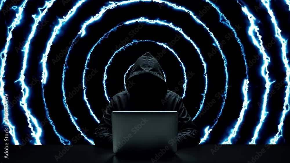 Aufkleber hacker working on laptop on abstract background