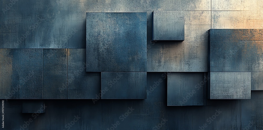 Poster abstract composition of textured blue and gray blocks on a wall.