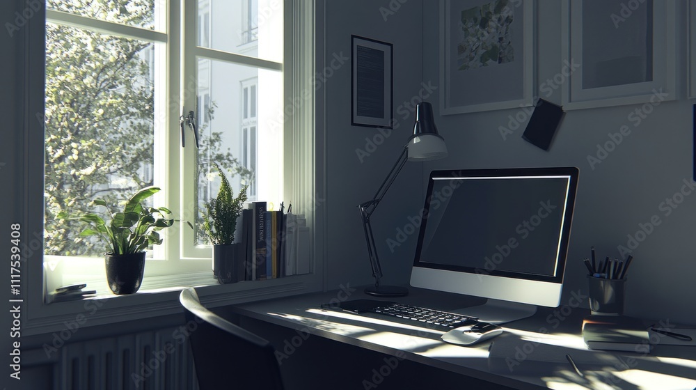 Aufkleber Sunlit Workspace Near Window With Computer And Plants