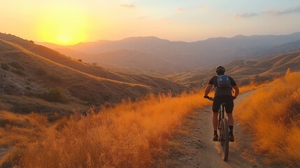 Obraz premium a man riding mountain bike in the morning 