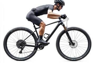 Naklejka premium Professional cyclists ride sleek, black mountain bikes of excellent quality, isolated on a white background. Generative Ai