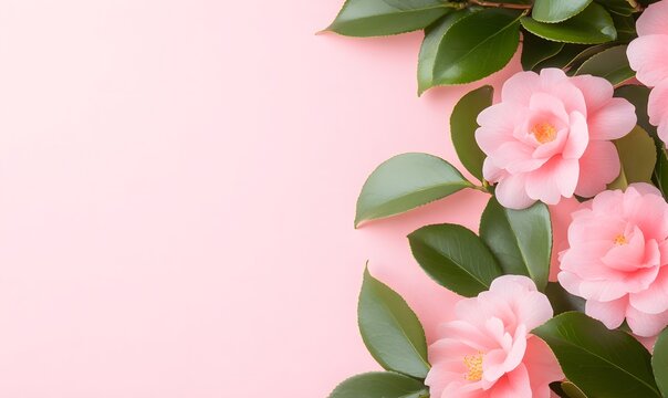 Beautiful camellia flowers in vibrant pattern on soft background, Generative AI