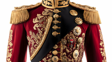 Ornate military uniform featuring rich red fabric and elaborate gold detailing.
