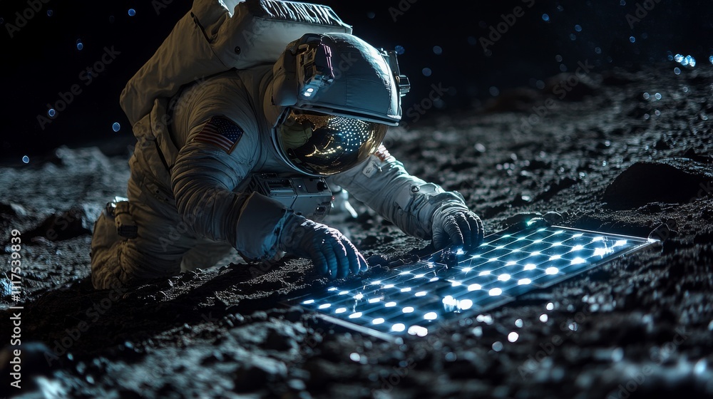 Poster astronaut collaborates with robotic assistant on lunar surface in advanced technology operation