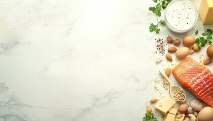 Meat, Milk, cheese, Legumes, eggs, nuts and seeds, Keto diet concept background with copyspace