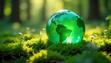 Glass globe on green grass and flowers in forest.