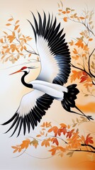 Elegant Brush Painting of a Single Crane in Flight Among Autumn Leaves
