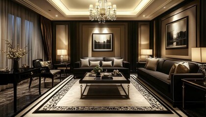 Modern monochrome living room design in black, white, and gray tones, showcasing stylish interior decor, comfort, and real estate lifestyle.