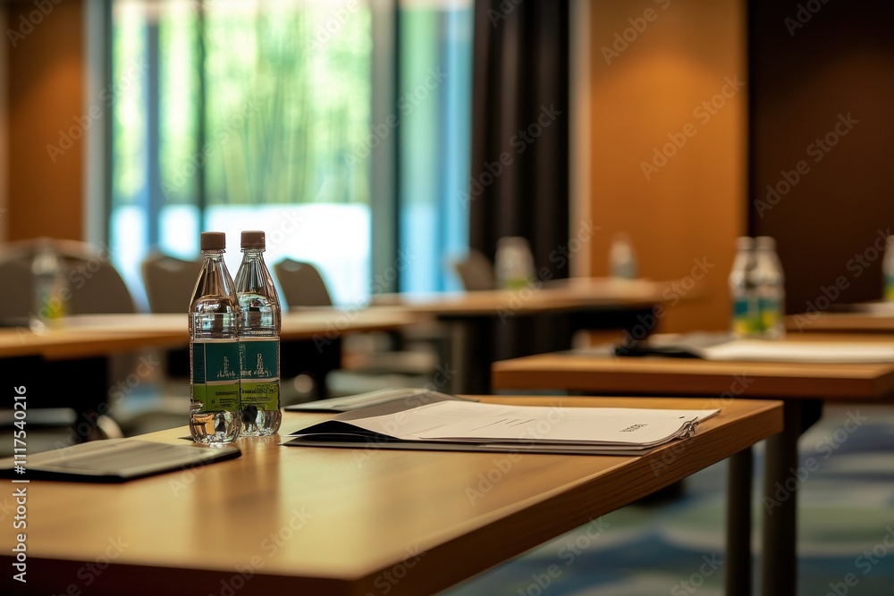 Poster meeting room setup with water bottles and documents on tables for a professional gathering.