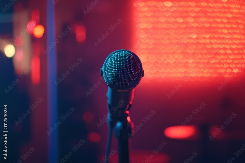 Poster a close-up of a microphone with a colorful, illuminated background, suggesting a performance setting
