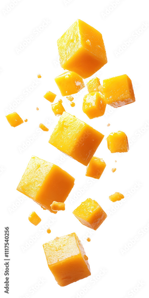 Poster floating cubes of vibrant yellow cheese, some broken into smaller pieces, create a dynamic and appet