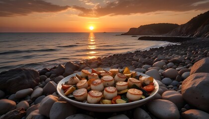 Obraz premium A platter of seared scallops and roasted vegetables on a rocky beach at sunset
