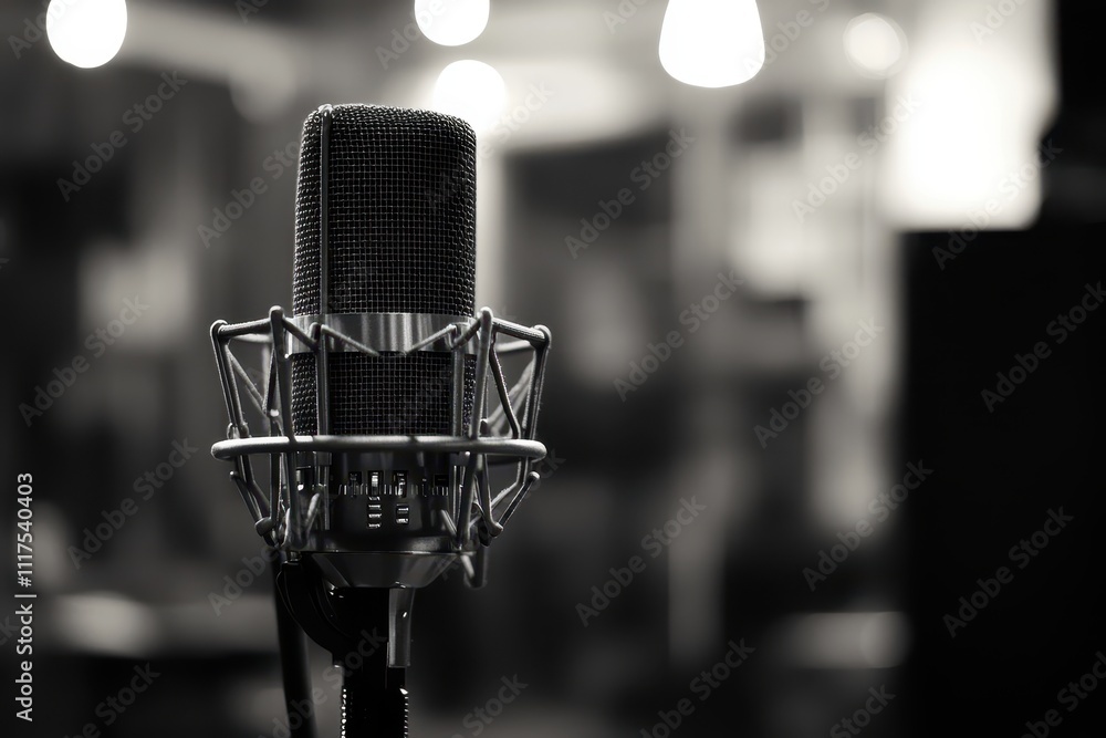 Poster a close-up of a microphone in a studio setting, emphasizing sound recording and performance.
