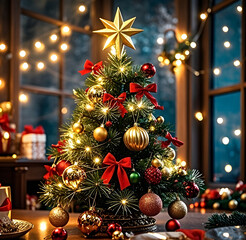 Christmas tree with gifts, decorations, baubles, and presents.
