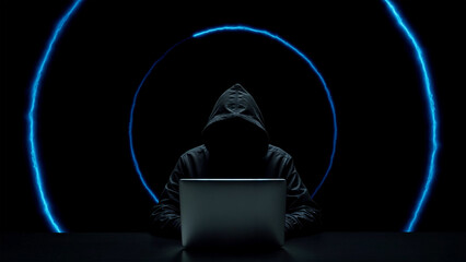Hacker working on laptop on abstract background