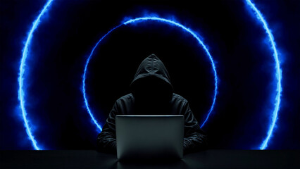 Hacker working on laptop on abstract background