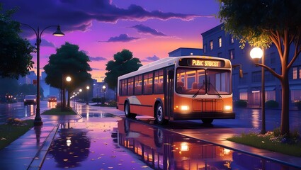 Obraz premium Serene Evening Urban Street with Purple-Orange Sunset, Reflective Sidewalk, and Peaceful Nostalgic Vibe