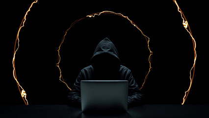 Hacker working on laptop on abstract background