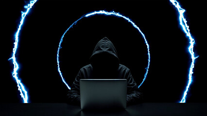 Hacker working on laptop on abstract background