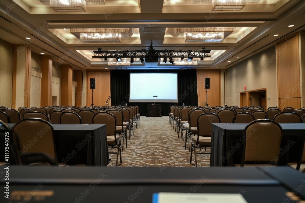 Poster a spacious conference room set up for a presentation with rows of chairs and a projection screen.