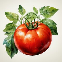 This is a vibrant and colorful watercolor illustration of a fresh tomato, ideal for food blogs and ecobranding use