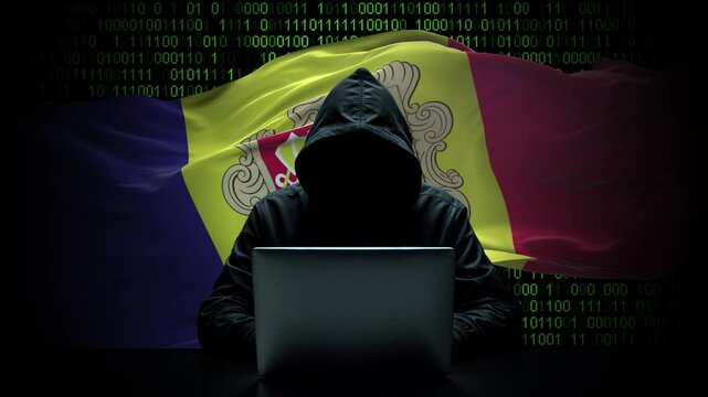 Andorra flag - 3D realistic waving flag on matrix digital background with binary code