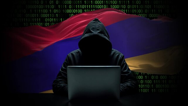Armenia flag - 3D realistic waving flag on matrix digital background with binary code