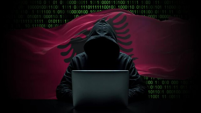 Albania flag - 3D realistic waving flag on matrix digital background with binary code