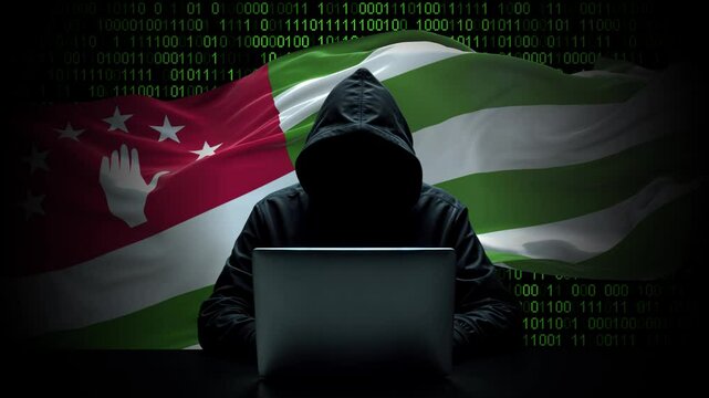 Abhkazia flag - 3D realistic waving flag on matrix digital background with binary code