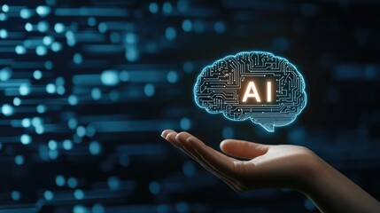 Integration technology hardware IoT concept. A hand holds a digital brain symbolizing artificial intelligence, with a blue background of data patterns.