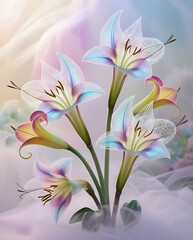 Fototapeta premium Beautiful Amaryllis flowers with translucent petals showcasing iridescent hues, creating a surreal and magical ambiance, cool spectrum amaryllis flowers. Created with generative AI
