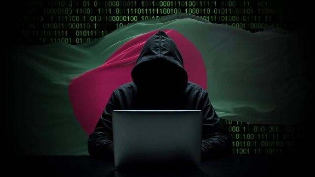 Bangladesh flag - 3D realistic waving flag on matrix digital background with binary code