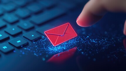 Integration technology hardware IoT concept. A hand interacts with a glowing red email icon on a keyboard, symbolizing digital communication.