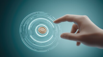 Fototapeta premium Integration technology hardware IoT concept. A hand reaching toward a glowing digital coin surrounded by light circles on a teal background.