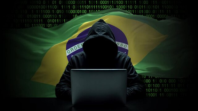 Brazil flag - 3D realistic waving flag on matrix digital background with binary code