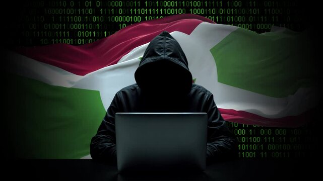 Burundi flag - 3D realistic waving flag on matrix digital background with binary code