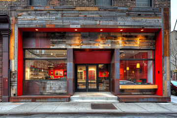 Fototapeta premium Modern storefront with bold red and brown accents, contrasted with a weathered brick facade. The chic design and bright colors create an engaging urban scene