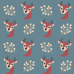 Winter wallpaper with cute cartoon animals and tree branches. Swamless texture for textile with fawns and leaves. Repeat winter ornament.
