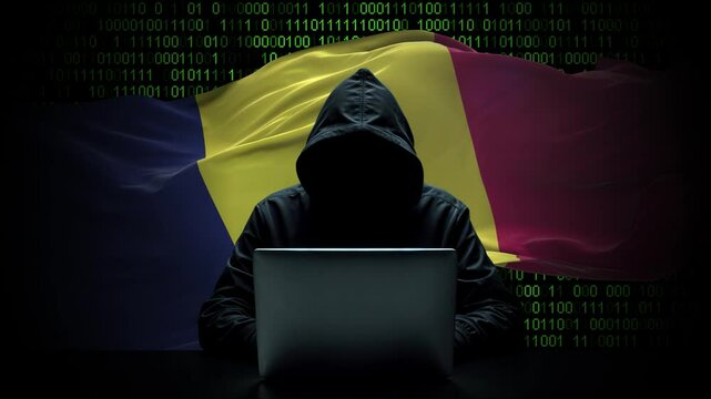 Chad flag - 3D realistic waving flag on matrix digital background with binary code